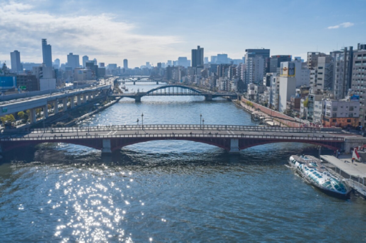 Sightseeing boat on the Sumida River with the downtown Tokyo skyline